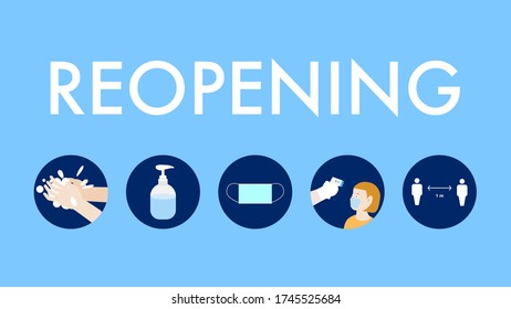 Reopening text and the measure of prevention for coronavirus infection in restaurant, shop and hospital. Washing hands, alcohol gel, wearing face mask, temperature measurement and social distancing.