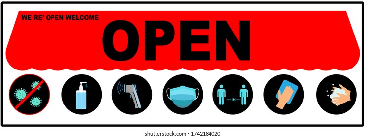REOPENING text and practical prevention tips for the prevention of COVID19 coronavirus contamination. Service, restaurant, shop and cafe re-opening. Template: door sign, banner, blog.
