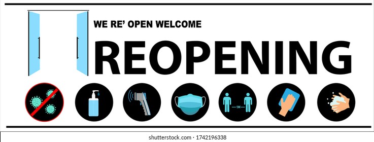 REOPENING text and practical prevention tips for the prevention of COVID19 coronavirus contamination. Service, restaurant, shop and cafe re-opening. Template: door sign, banner, blog.