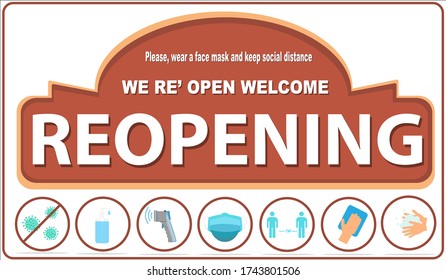 REOPENING text and practical prevention tips for the prevention of COVID19 coronavirus contamination. Service, restaurant, shop and cafe re-opening. Template: door sign, banner, blog.