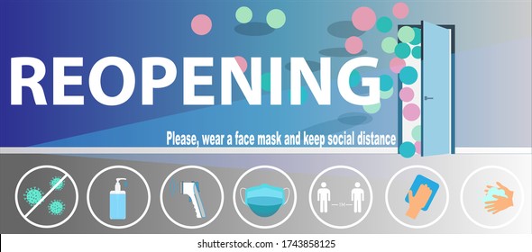 REOPENING text and practical prevention tips for the prevention of COVID19 coronavirus contamination. Service, restaurant, shop and cafe re-opening. Template: door sign, banner, blog.