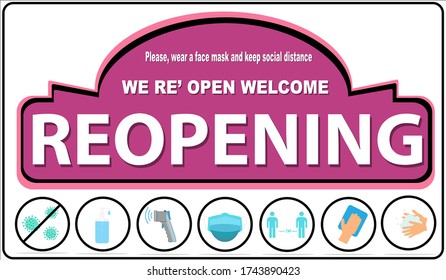 REOPENING text and practical prevention tips for the prevention of COVID19 coronavirus contamination. Service, restaurant, shop and cafe re-opening. Template: door sign, banner, blog.