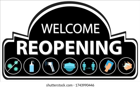 REOPENING text and practical prevention tips for the prevention of COVID19 coronavirus contamination. Service, restaurant, shop and cafe re-opening. Template: door sign, banner, blog.