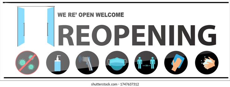 REOPENING text and practical prevention tips for the prevention of COVID19 coronavirus contamination. Service, restaurant, shop and cafe re-opening. Template: door sign, banner, blog.