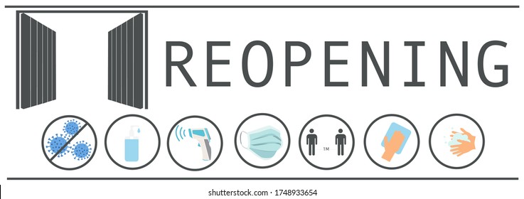 REOPENING text and practical prevention tips for the prevention of COVID19 coronavirus contamination. Service, restaurant, shop and cafe re-opening. Template: door sign, banner, blog.