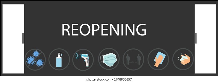 REOPENING text and practical prevention tips for the prevention of COVID19 coronavirus contamination. Service, restaurant, shop and cafe re-opening. Template: door sign, banner, blog.