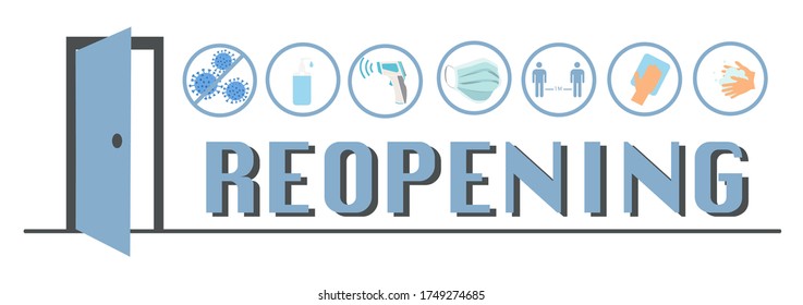 REOPENING text and practical prevention tips for the prevention of COVID19 coronavirus contamination. Service, restaurant, shop and cafe re-opening. Template: door sign, banner, blog.
