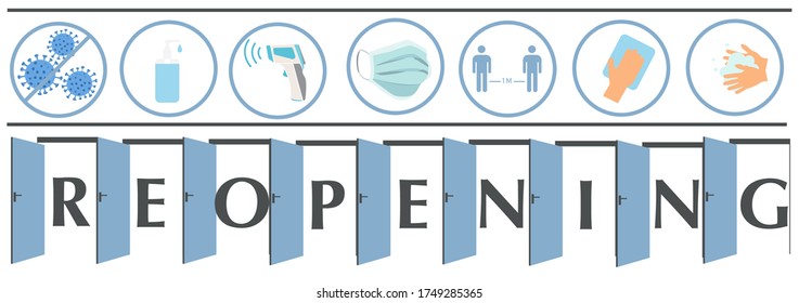 REOPENING text and practical prevention tips for the prevention of COVID19 coronavirus contamination. Service, restaurant, shop and cafe re-opening. Template: door sign, banner, blog.