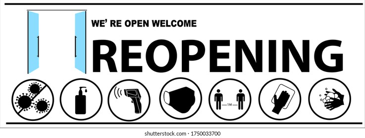 REOPENING text and practical prevention tips for the prevention of COVID19 coronavirus contamination. Service, restaurant, shop and cafe re-opening. Template: door sign, banner, blog.