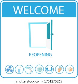 REOPENING text and practical prevention tips for the prevention of COVID19 coronavirus contamination. Service, restaurant, shop and cafe re-opening. Template: door sign, banner, blog.