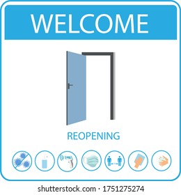 REOPENING text and practical prevention tips for the prevention of COVID19 coronavirus contamination. Service, restaurant, shop and cafe re-opening. Template: door sign, banner, blog.