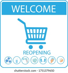 REOPENING text and practical prevention tips for the prevention of COVID19 coronavirus contamination. Service, restaurant, shop and cafe re-opening. Template: door sign, banner, blog. Shopping cart