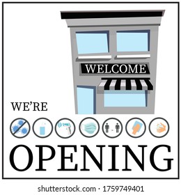 REOPENING text and practical prevention tips for the prevention of COVID19 coronavirus contamination. Service, restaurant, shop and cafe re-opening. Template: door sign, banner, blog.