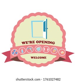 REOPENING text and practical prevention tips for the prevention of COVID19 coronavirus contamination. Service, restaurant, shop and cafe re-opening. Template: door sign, banner, blog.
