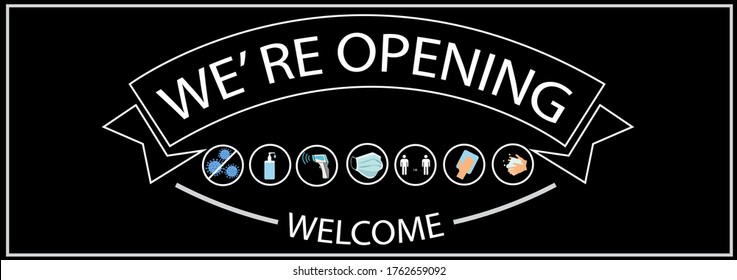 REOPENING text and practical prevention tips for the prevention of COVID19 coronavirus contamination. Service, restaurant, shop and cafe re-opening. Template: door sign, banner, blog.