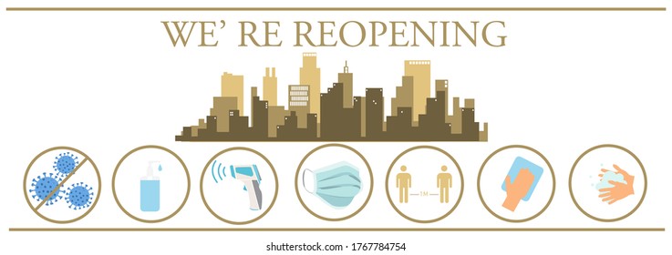 REOPENING text and practical prevention tips for the prevention of COVID19 coronavirus contamination. Service, restaurant, shop and cafe re-opening. Template: door sign, banner, blog.
