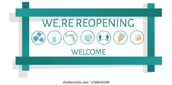 REOPENING text and practical prevention tips for the prevention of COVID19 coronavirus contamination. Service, restaurant, shop and cafe re-opening. Template: door sign, banner, blog.