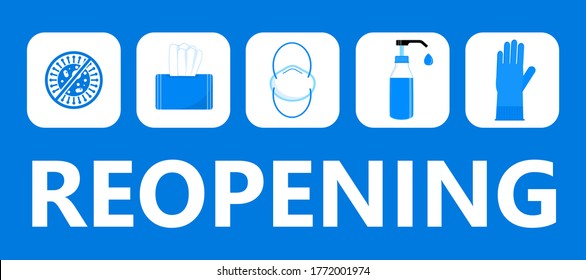 Reopening text vector for shop, marketplaces, grocery, restaurant,  cafe. Prevention tips info-graphic for prevention of corona-virus. Simple opening door sign. Re-opening banner for business.