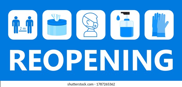 Reopening text vector for shop, marketplaces, grocery, restaurant,  cafe. Useful tips info-graphic for prevention of corona-virus. Simple opening door sign. Re-opening banner for business.