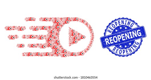 Reopening textured round stamp and vector recursive mosaic rush right. Blue stamp seal has Reopening text inside round shape. Vector mosaic is created of recursive rush right pictograms.