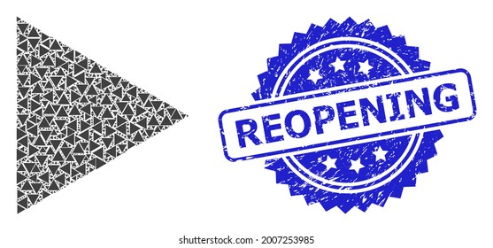 Reopening unclean stamp seal and vector recursion mosaic play function. Blue stamp seal includes Reopening caption inside rosette. Vector mosaic is done of random rotated play function pictograms.