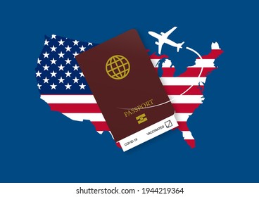 Reopening United States for airline travelling with health passport after coivd-19 vaccination. Illustration of USA flag and map, health passport and airplane.