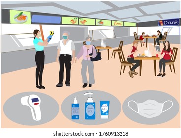 Reopening Worry Free In Food Courts And Restaurants Areas Illustration.  Food Courts Must Have A COVID Safe Plan In Place When They Reopen Including Enhanced Hygiene And Cleaning Processes, Vector Illustration