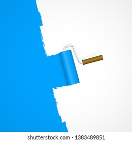 repainting with paint roller color blue on white background