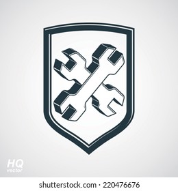 Repair 3d conceptual vector icon, heraldic workshop and technical service symbol. Two wrenches crossed design graphic element. Vector grayscale defense shield.