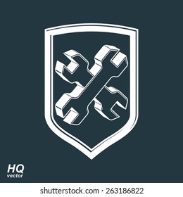 Repair 3d conceptual vector icon, heraldic workshop and technical service symbol. Two wrenches crossed design graphic element. Vector grayscale defense shield. 