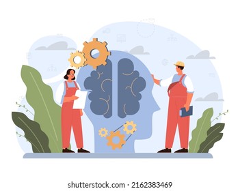 Repair abstract concept. Troubleshooting and rehabilitation. Mental health diagnostic. Doctor treating human mind. Thoughts and emotions analysis. Vector illustration in cartoon style