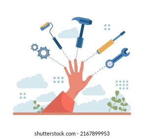 Repair abstract concept. Troubleshooting and rehabilitation. Character dealing with a problem and solving it. Fixing metaphor. Flat vector illustration