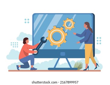Repair abstract concept. Troubleshooting and rehabilitation. Character dealing with a problem and solving it. Fixing metaphor. Flat vector illustration