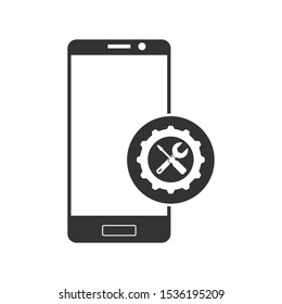 Repair or adjust the parameters of the smartphone. Simple icon. Silhouette of a smartphone with a gear, a wrench and a screwdriver.