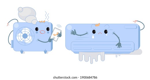 Repair of air conditioner. Broken conditioner. Built-in split system. Vector illustration in flat style