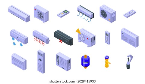 Repair air conditioner icons set isometric vector. Install heat. Industrial air