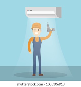 Reparación del acondicionador de aire. Hombre con herramientas de trabajo arreglado y reparado.