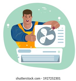 Repair of air conditioners. Maintenance and installation, cleaning of cooling systems. Professional Air Conditioner Repair. Man technician Installing Air cooler. Vector Illustration flat cartoon