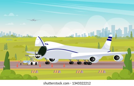 Repair Aircraft in Parking Lot Flat Illustration. Vector Colored Background. Airport Employees are Engaged Repairing Airplane after Long Use and Intercontinental Flight Away from Big City.