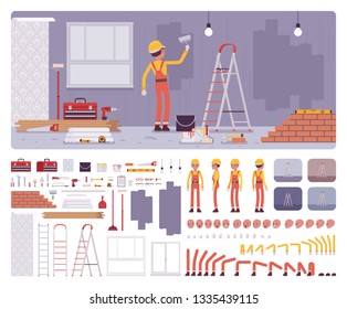 Reparación de apartamentos en el interior del lugar de trabajo, kit de creación de paredes de pintura de trabajadores, conjunto de decoración interna profesional, elementos constructores para construir su propio diseño. Dibujo gráfico de caricatura de estilo plano