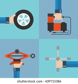 Repair of automobile wheels flat design.Vector Illustration