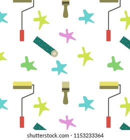 Repair. Background pattern with paint roller, brush, paint stains. Vector Illustration.