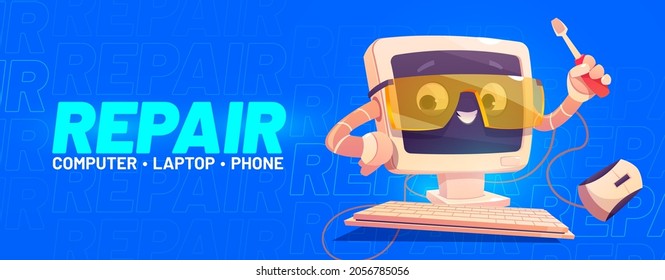 Repair banner with cute computer character with screwdriver. Vector landing page of fix and maintenance service for computer, laptop and phone with cartoon illustration of funny PC