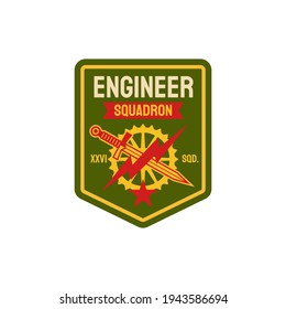 Repair battalion engineering squadron isolated patch on military uniform. Vector engineers division troops squad, special forces elite chevron with rotating cogwheel, crossed sword and thunder sign