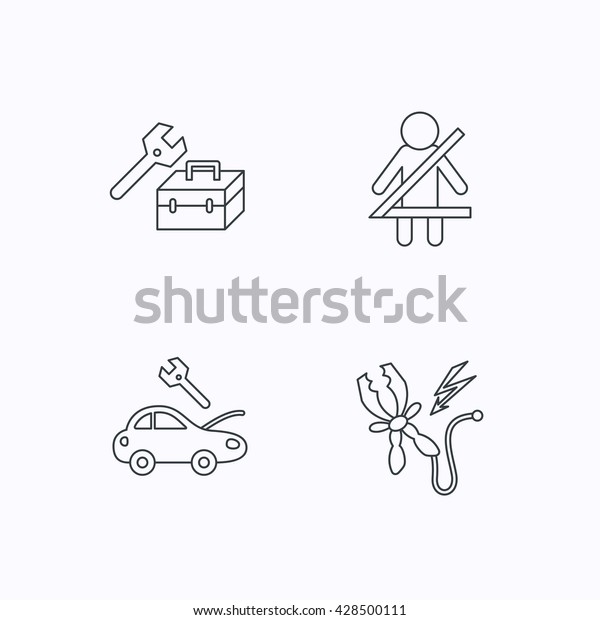 Repair, battery terminal and car service icons.\
Fasten seat belt linear sign. Flat linear icons on white\
background. Vector