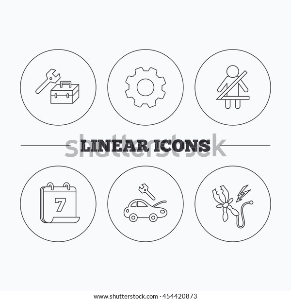 Repair, battery terminal and car service\
icons. Fasten seat belt linear sign. Flat cogwheel and calendar\
symbols. Linear icons in circle buttons.\
Vector