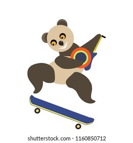 Repair. Bear Panda makes repairs. On a skateboard with a construction tool.