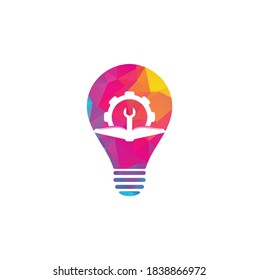 Repair Book bulb shape concept Logo Template Design Vector. Book and wrench logo design
