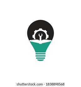 Repair Book bulb shape concept Logo Template Design Vector. Book and wrench logo design