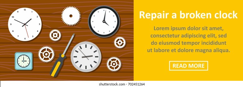 Repair a broken clock banner horizontal concept. Flat illustration of repair a broken clock banner horizontal vector concept for web